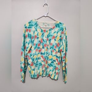 LL Bean Floral Button Front Sweater Womens Petite Large 100% Supima Cotton